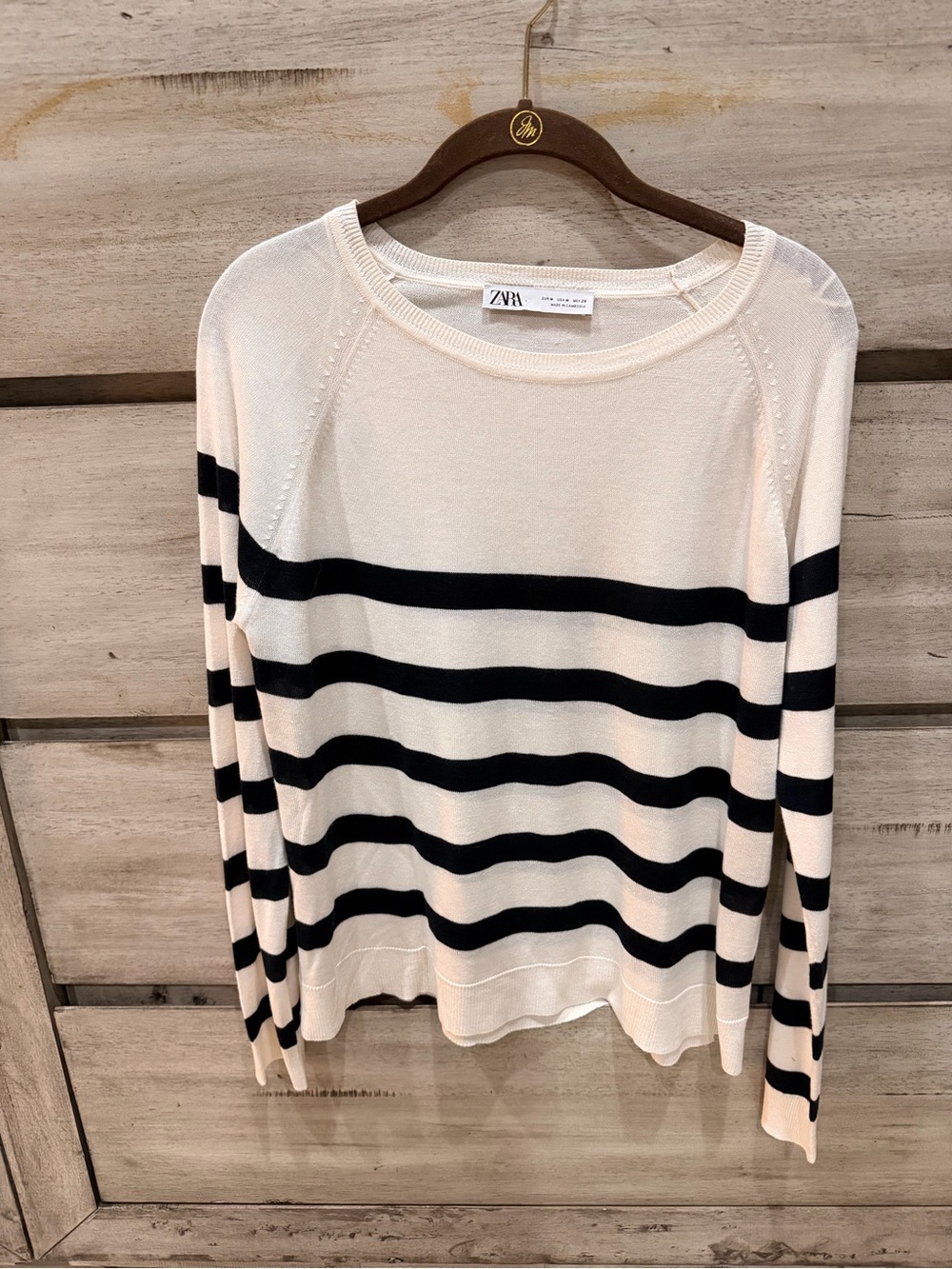Zara Cream and Black Striped Crew Neck Sweater